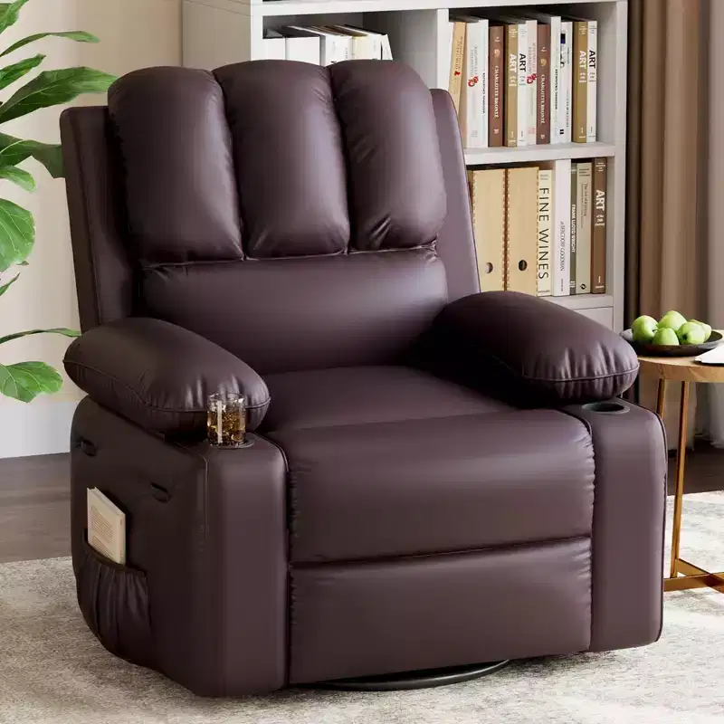 Manual Recliner Chair, PU Faux Leather, 360° Swivel, Cup Holders and Side Pocket