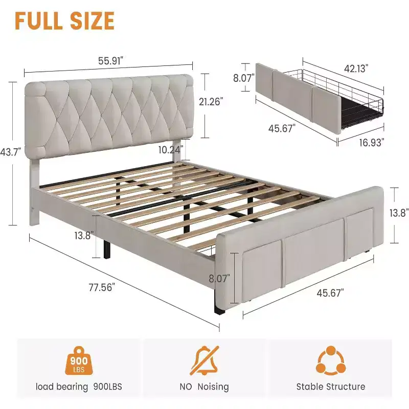 King Size Beige Bed Frame, Upholstered Platform Bed Frame with Storage Drawers, Mattress Foundation, Solid Wooden Slats Support, No Box Spring Needed