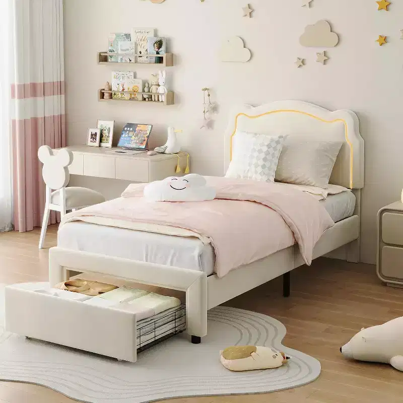 Smart LED Twin Bed - Adjustable Headboard, Velvet Upholstered Platform, No Box Spring, Wood Slats