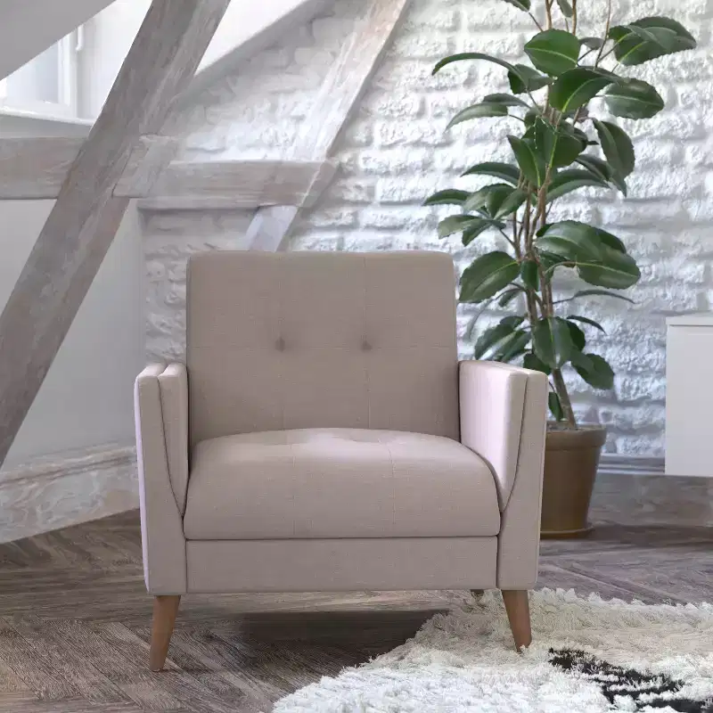 Flash Furniture Conrad Mid-Century Modern Commercial Grade Armchair with Tufted Faux Linen Upholstery & Solid Wood Legs