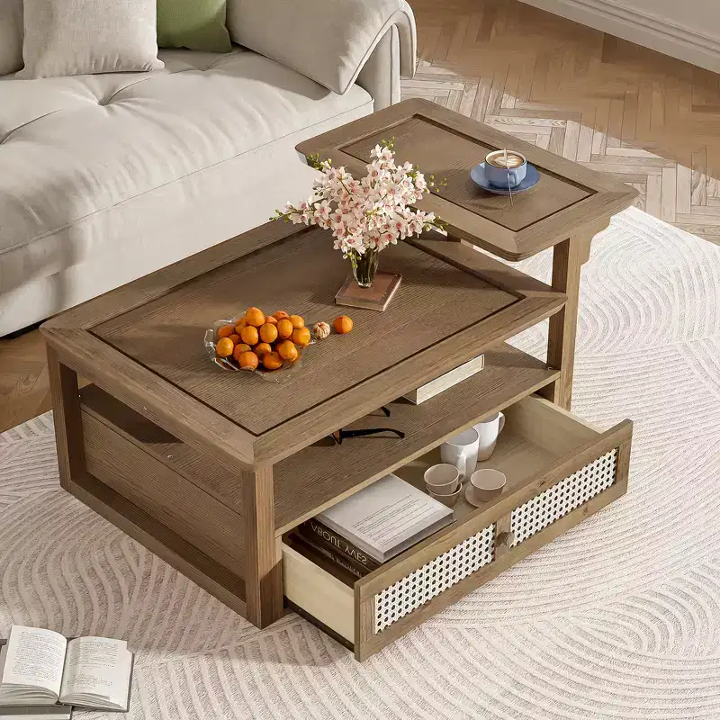 Zeus & Ruta Modern Coffee Table with Storage Shelf, Double-layer Tabletops & Rattan Drawer for Living Room