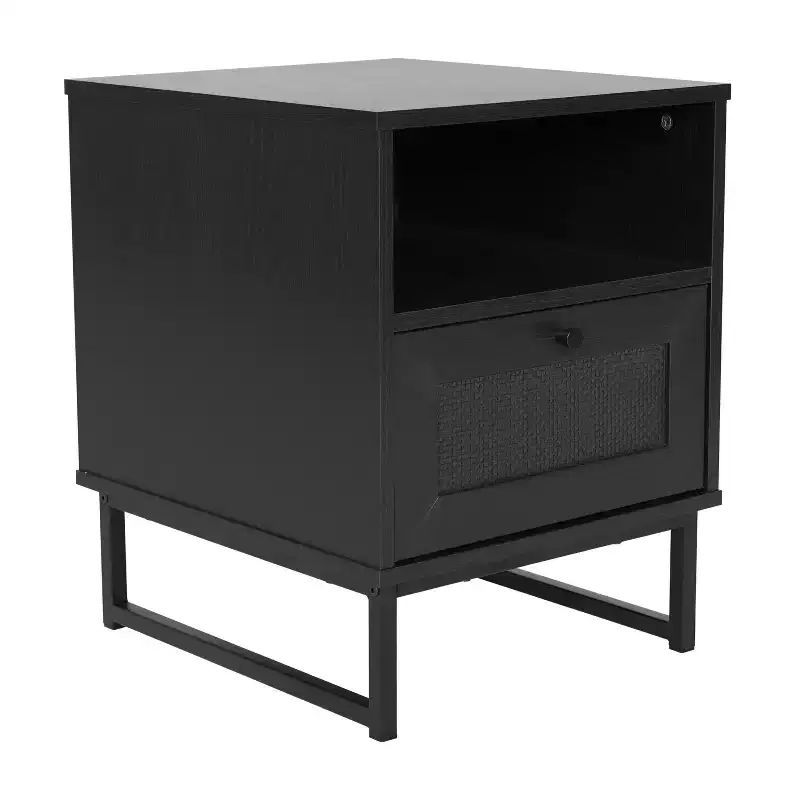 Black / Natural Mid-Century Nightstand with Rattan Drawer & Open Shelf