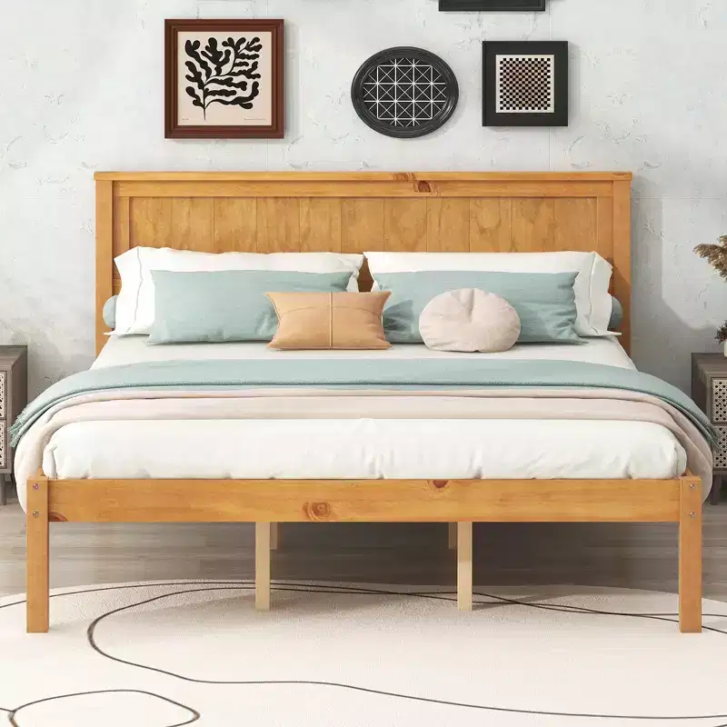 Queen Size Platform Bed with Headboard – Oak, 400 lbs, No Box Spring