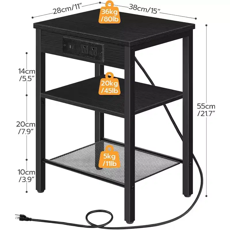 Metal & Wood End Table with USB Charging 24''H x 12''W x 12''D
