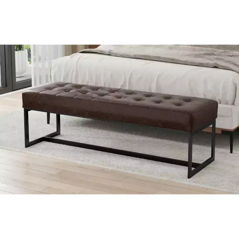 Mira 56 inch Wide Modern Contemporary Rectangle Ottoman Bench in Brown Genuine Leather