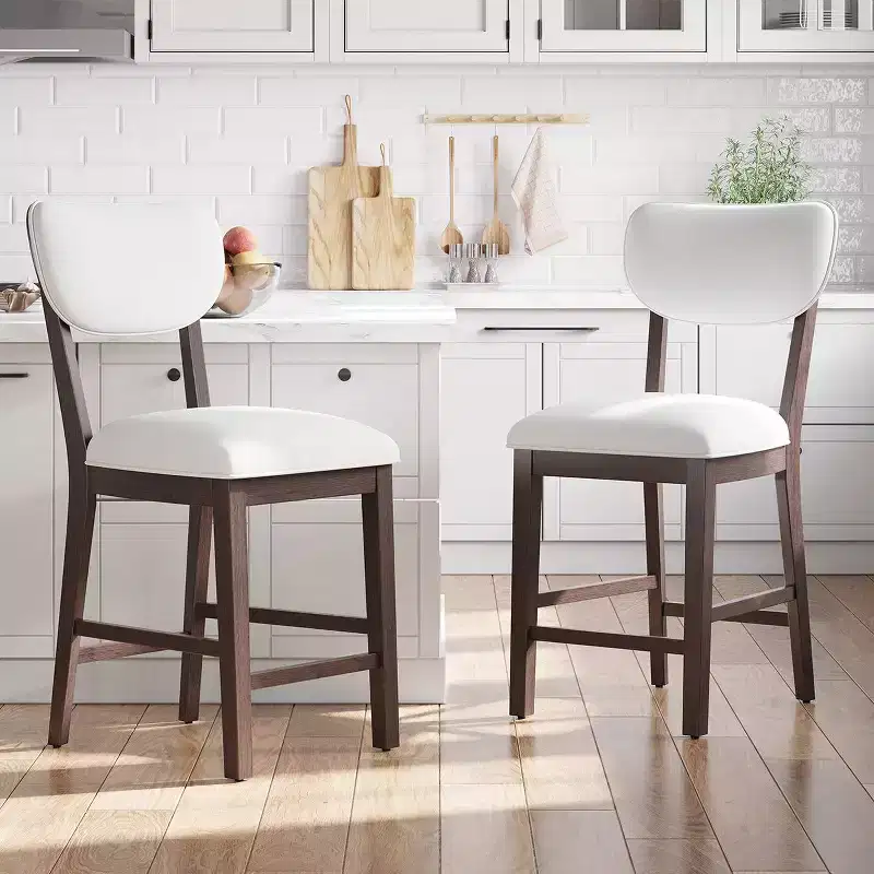 Solid Wood Farmhouse Upholstered Counter Height Bar Stools with Curved Back