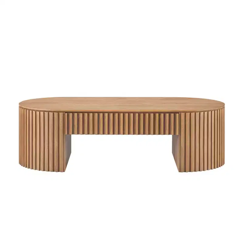 GDFStudio Manuel Modern Wooden Oval Pedestal Coffee Table with Drawer and Handcrafted Relief