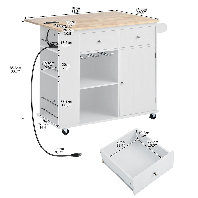 Adjustable Shelves Kitchen Island with Power Outlet and Drop Leaf