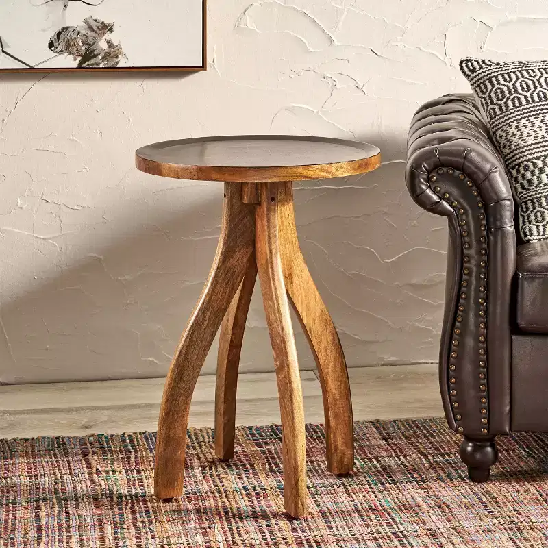 Vintage Side Table with Arched 4 Legs, End Table with Groove Design Wooden Tabletop, Accent Table for Sofa Side, Table Side, Wood