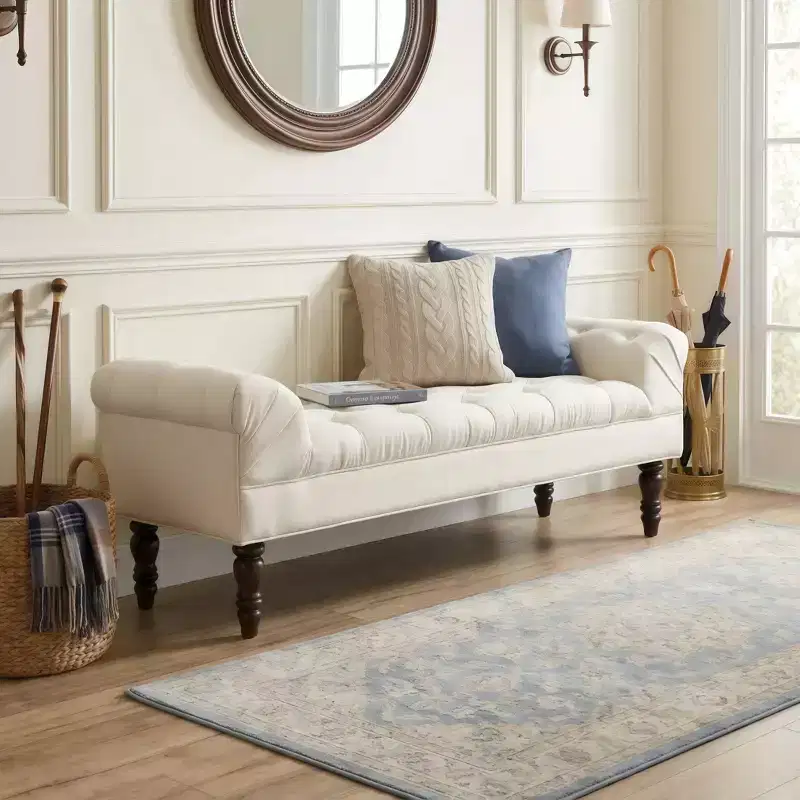 End of Bed Bench, Entryway Bench, Upholstered Ottoman with Tufted Fabric, Rolled Arms, Gourd Legs