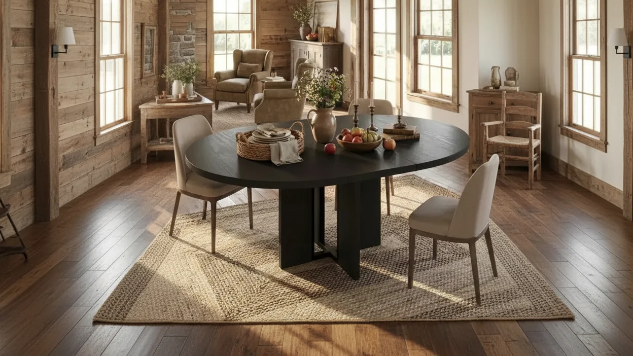 Farmhouse Extendable Round Dining Table 47-63 Inch Expandable Wooden Kitchen Table with Wider Leg Metal Support for 4-8 Apartment Space Save
