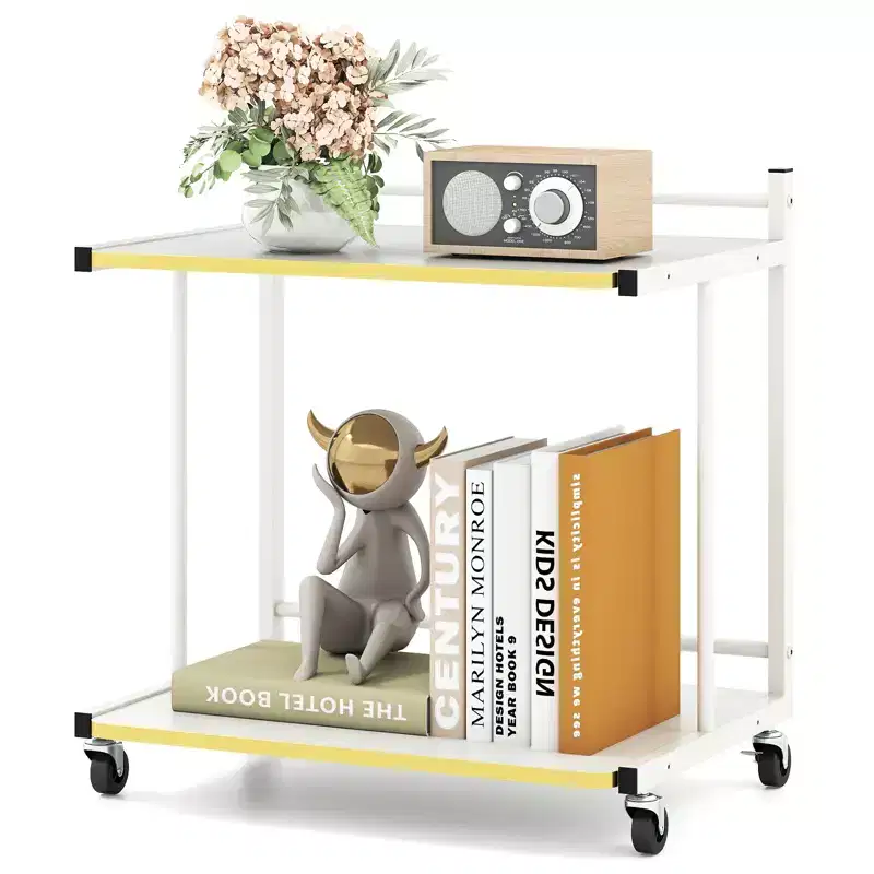 2-Tier Mobile Side Table with Open Shelves, Golden Trimmed Edges, Lockable Wheels