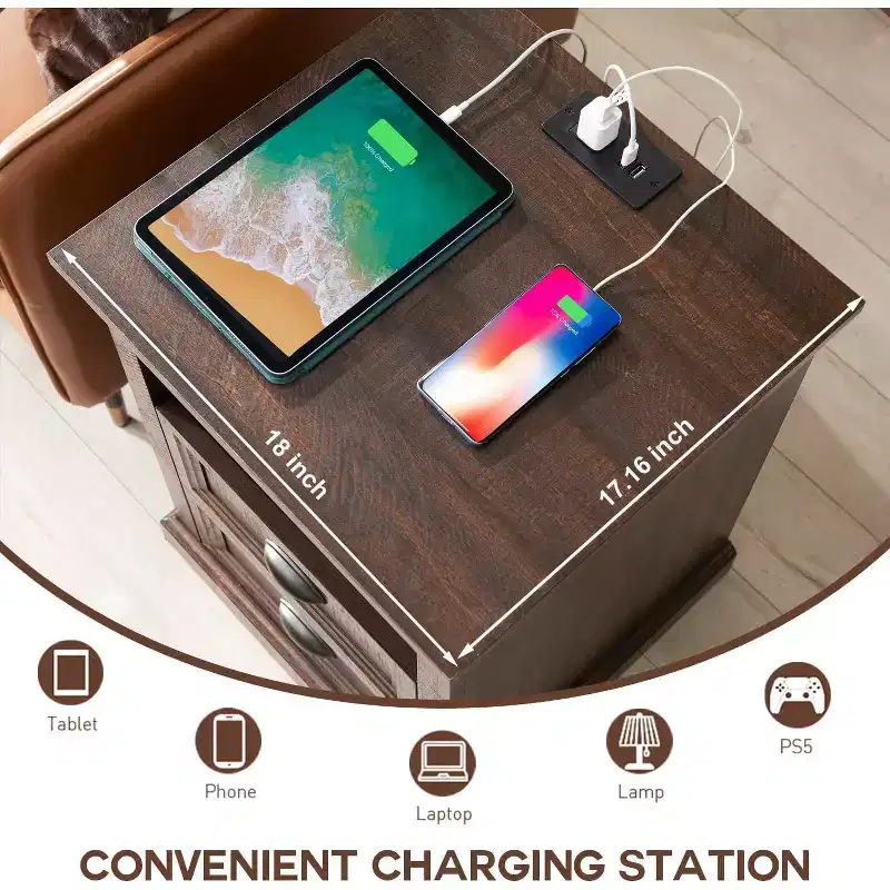 SinCiDo Nightstand with Charging Station & 2 Drawer, Farmhouse End Table for Bedroom, Living Room