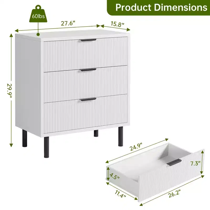 Fluted 3 Drawers Dresser, Wide Wood Chest of Drawers, Drawers Organizer with Metal Legs and Anti-Tipping Device