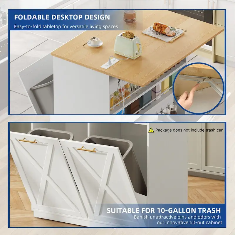 Kitchen Island Drop Leaf with Double Tilt Out Trash Cabinet