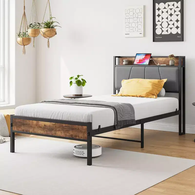 Twin Size Bed Frame with Storage Headboard, Solid Wood Platform Bed with Charging Station for Bedroom, Brown