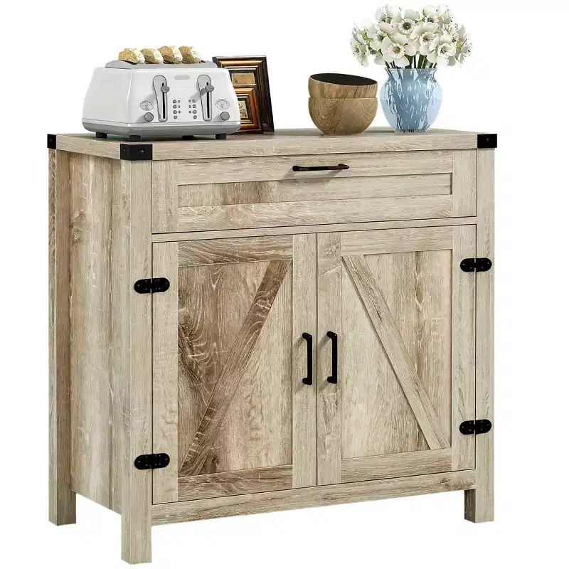 HOMCOM Sideboard Buffet Cabinet with Storage Drawer, Modern Farmhouse Kitchen Cabinet with 2 Barn Doors, Coffee Bar Cabinet, Oak