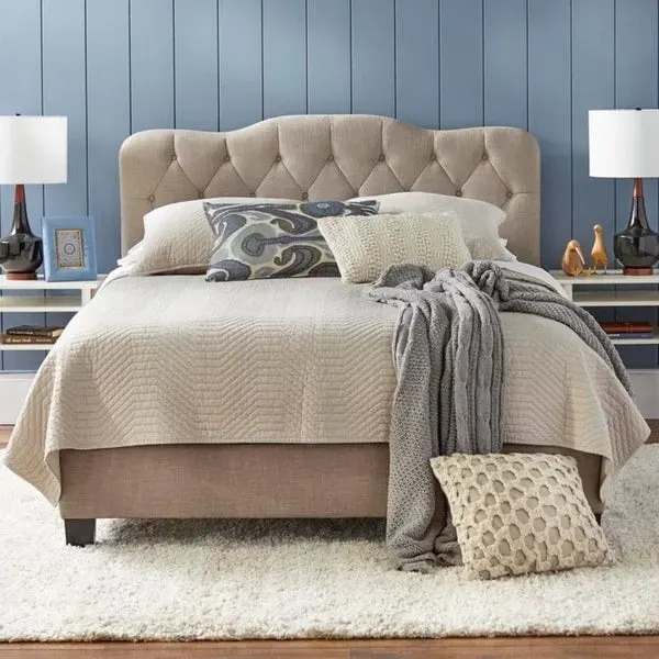 Button-Tufted Camel-Back Upholstered Bed with Padded Headboard – Sand Fabric / White Velvet / Grey Velvet, Full / Queen