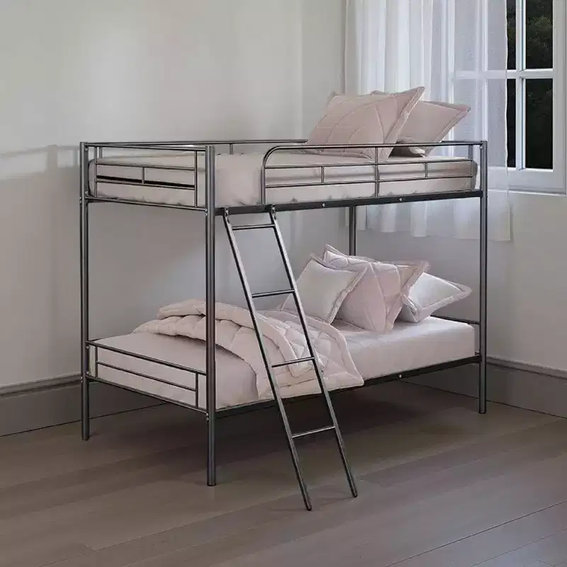 Royal Hampton Twin Over Twin Bunk Bed, Silver Metal Frame, Attached Ladder