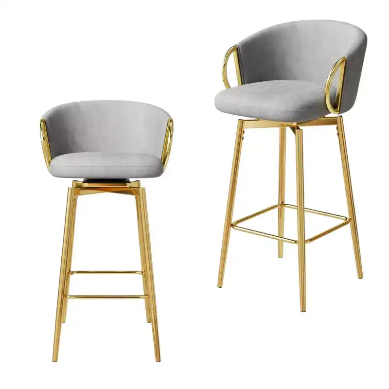 HomeRoots Set of Two 30 Gray and Gold Velvet and Metal Bar Height Swivel Bar Chairs