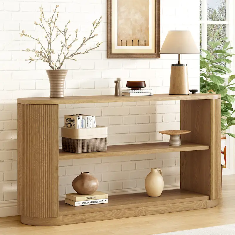 Console Table with Open Shelves and Fluted Wood Veneer