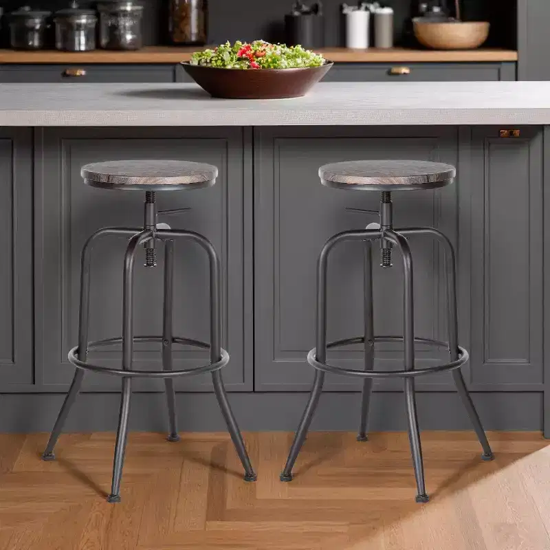 Set of 2 Walnut and Black Wood and Iron Backless Adjustable Height Swivel Bar Chairs