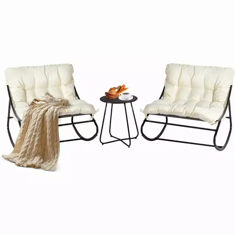 VINGLI Rocking Patio Chairs Set of 2 with Side Table, Heavy Duty 400 LBS Capacity, Padded Outdoor Indoor Rockers, White