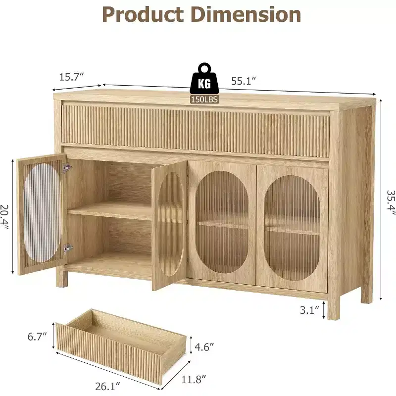 55 Inch Buffet Sideboard Cabinet with Glass Doors and Fluted Drawers, Storage Cabinet Table for Dining Room, Kitchen, Living Room, Natural
