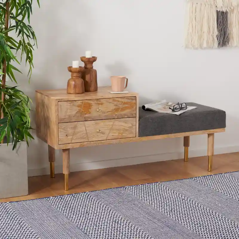 Modern 2-Drawer Cushioned Seated Bench - 43 In. W x 15 In. D x 21 In. H - 43Wx15Dx21H
