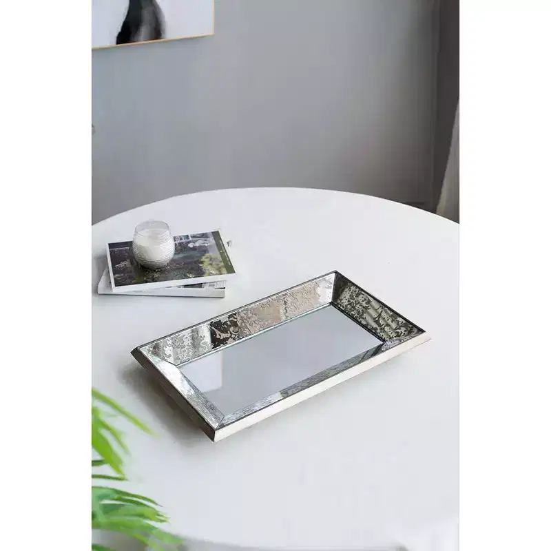 20 x 12 Inch Antique Silver Rectangular Wall Mirror with Floral Accents