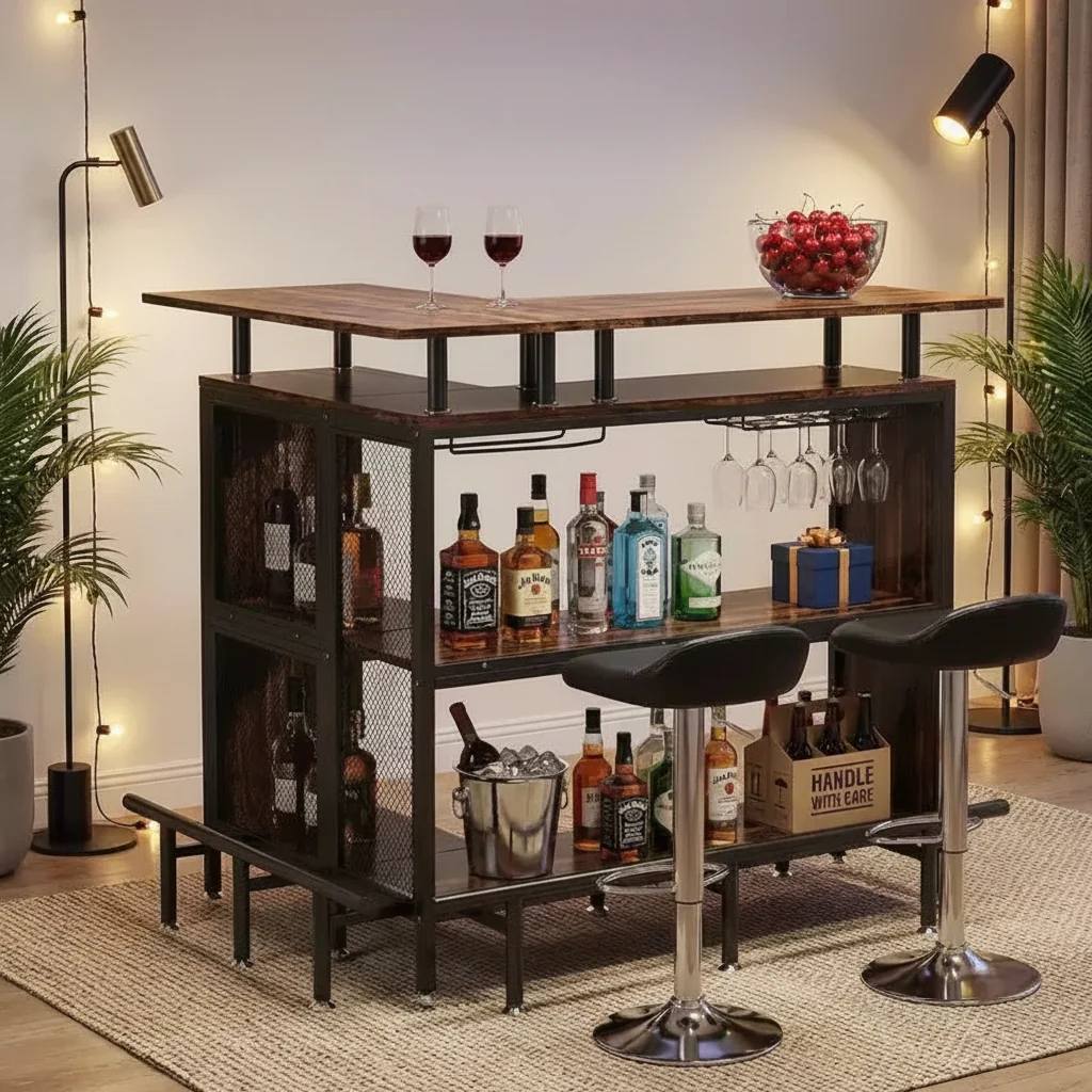 L-Shaped Corner Home Bar Cabinet with Wine Glass Racks and Footrest