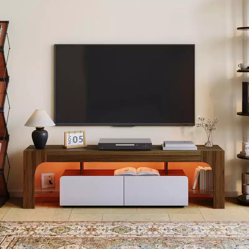 Modern LED TV Stand for TVs up to 70 Inch C White Wooden Entertainment Console with RGB Lighting, 2 Drawers, Adjustable Transparent Shelves