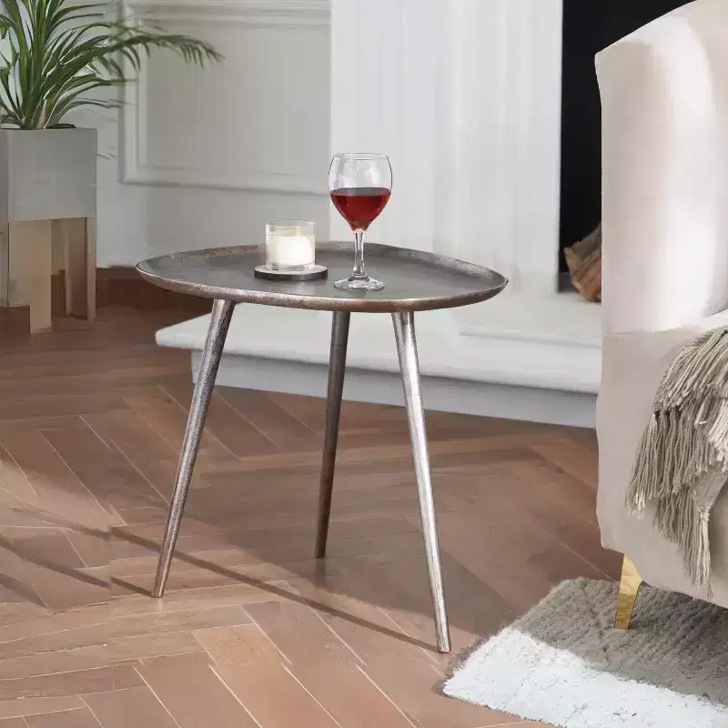 Metal End Table with Rounded Triangular Shape and Three Legs, Handcrafted Aluminum Side Table with Rustic Modern Finish