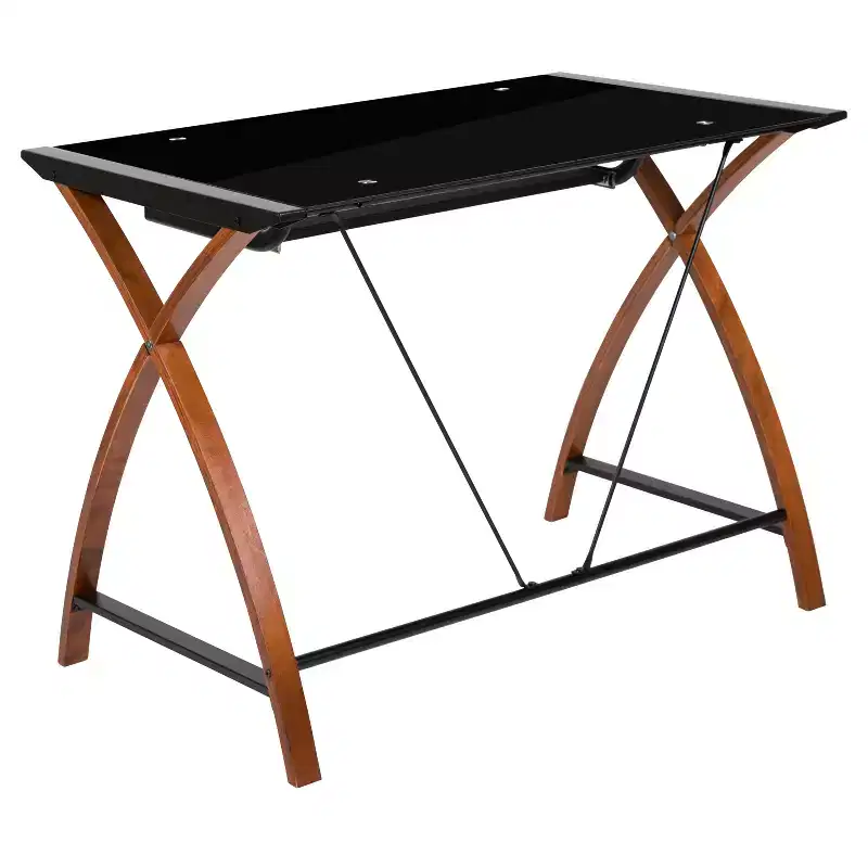 Emma and Oliver Glass Computer Desk-Pull-Out Keyboard Tray & Crisscross Frame
