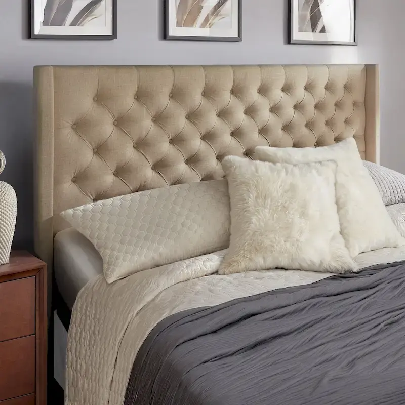 King Wingback Button Tufted Linen Fabric Headboard