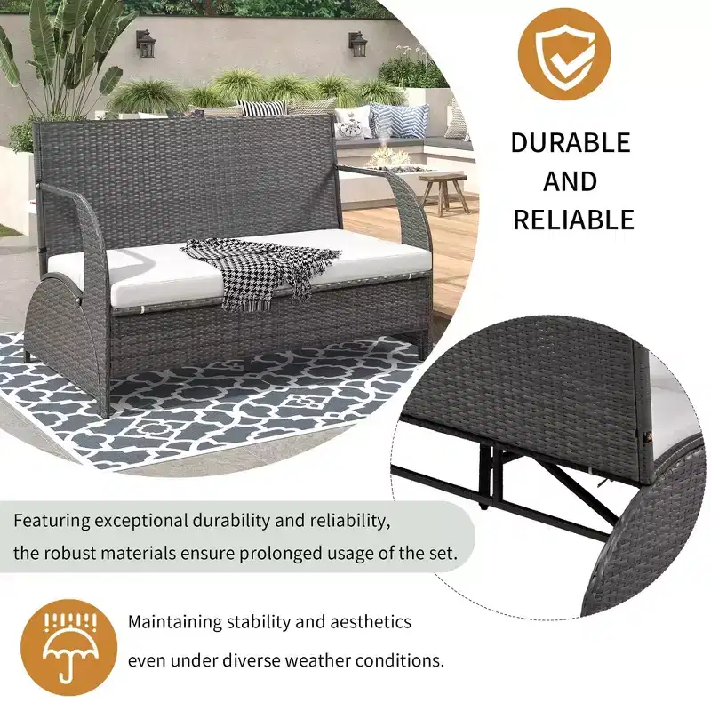 Outdoor Patio Loveseat Modern Rattan 2 Seat Conversation Set Convertible Picnic Upholstered Bench Table Portable Picnic Table Couch
