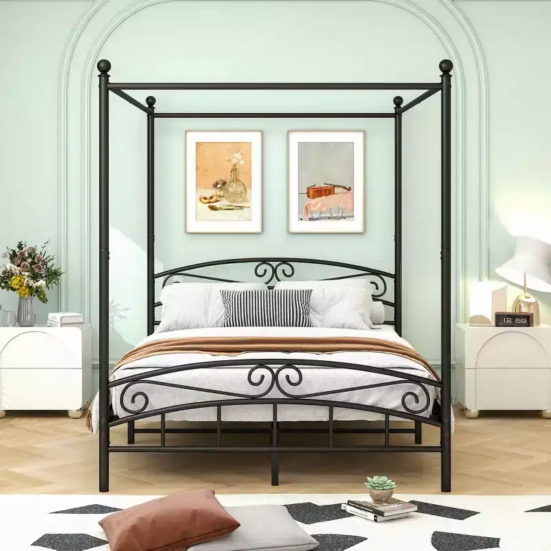 Black Queen Metal Canopy Bed Frame with Headboard & Footboard, Sleeps 1–2