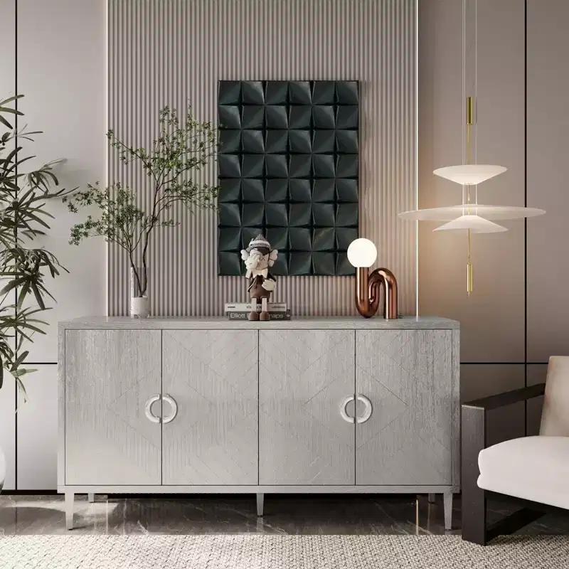 White 4-Door Sideboard with Pine Legs, Storage Cabinet