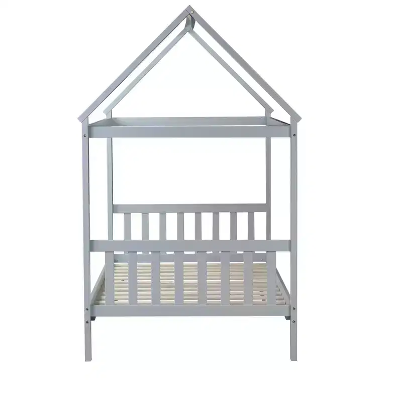 MAYEERTY Twin Rubber Wood Bed with House Frame Gray