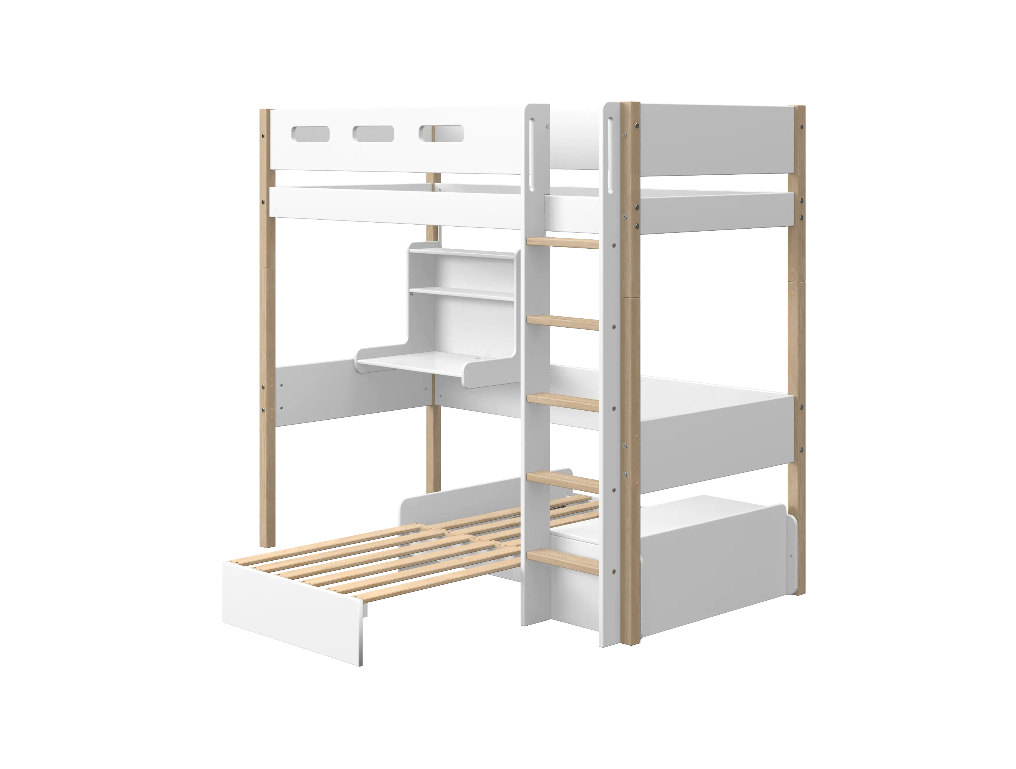 High Bed 184 cm with Sofa, Desk, Ladder and Safety Rail, 90x200 cm, White/Oak