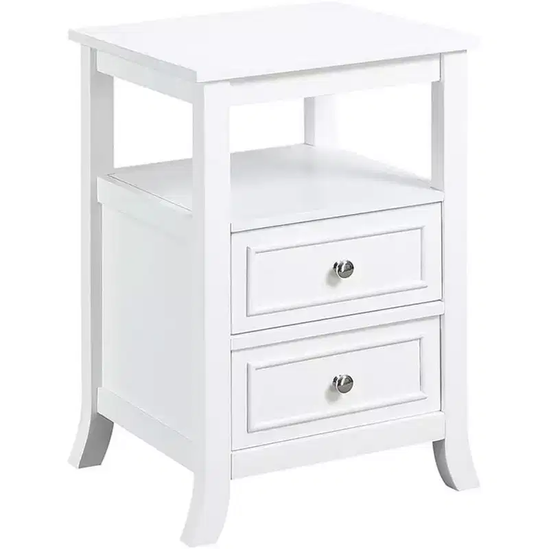 HomeStock Belmont Elegant Transitional End Table with Two Drawers, Open Shelf, Pewter Knobs and Saber Legs for Living Room Storage