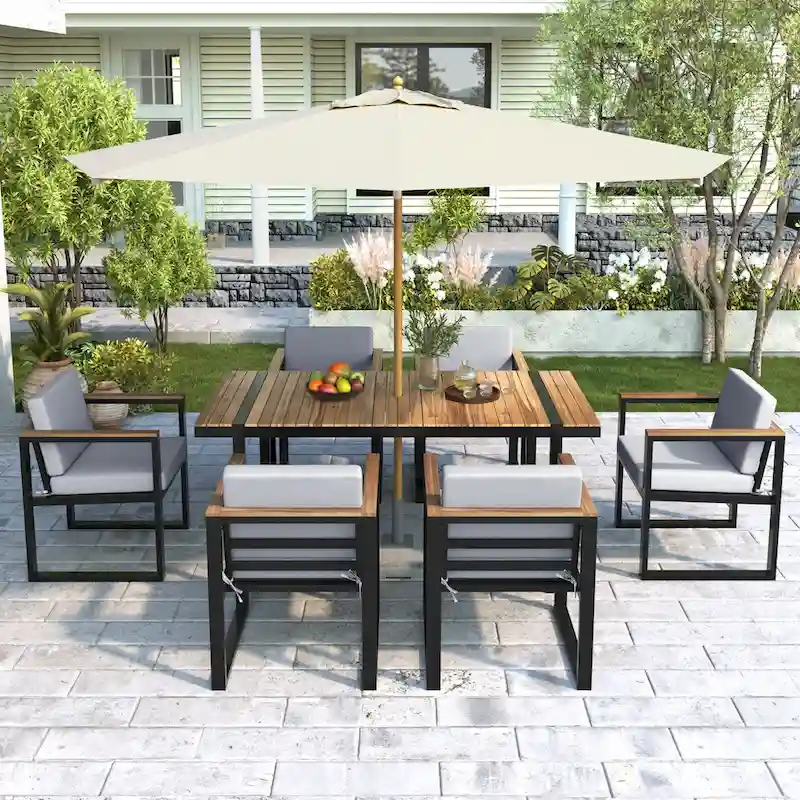 7-Pieces Outdoor Dining Set Patio Dining Table and Chair Set with and Removable Cushions
