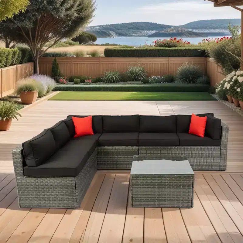 Whisen 5 Piece PE Rattan Outdoor Sectional Sofa Set U Shape with Cushions and 2 Pillows