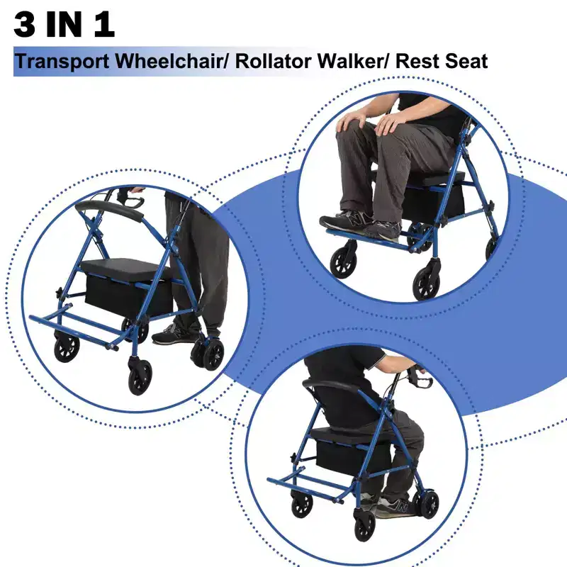 Rollator Walker for Seniors with Seat, 3 in 1 Walker Wheelchair Combo, Transport Wheelchair Medical Walker All Terrain for Adult