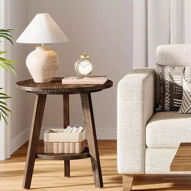 Solid Wood Round End Table with Storage Shelf - Farmhouse, Dark Brown