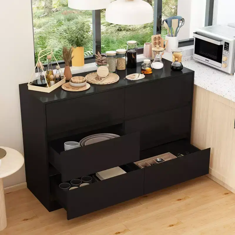 Smart Rotatable/Extendable Buffet Sideboard with 6 Drawers, Extended Countertop, Non-slip Mat, Rotating Dining Table, Kitchen Island Pantry