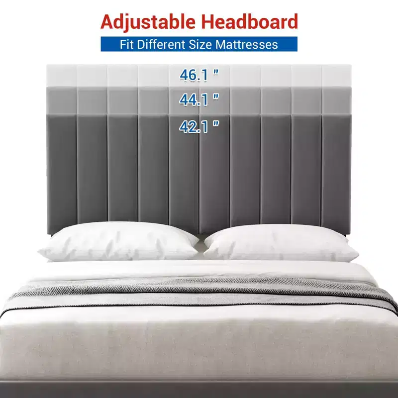 Garvee Velvet Full/Queen Bed Frame, Adjustable headboard, Wooden slats, No Box Spring. Easy Assembly, Gray