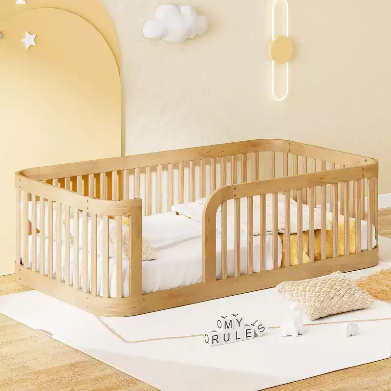Bellemave Kids Twin & Full Size Floor Bed Frames with Safety Fence, Solid Pine & MDF, Rounded Corners, Sturdy DIY Assembly, White & Natural Finish