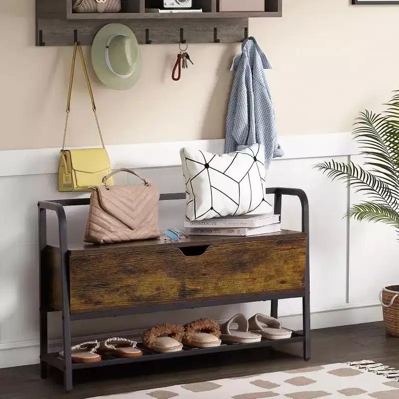 Shoe Bench with Storage, 33-Inch Wooden Shoe Storage Organizer with Flip Top Box