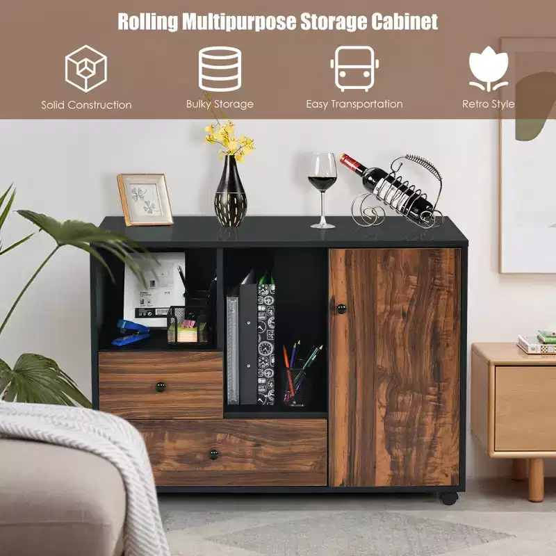 Brown & Black Rolling File Cabinet with 2 Drawers & Open Shelves, 1-Person Assembly